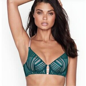 NEW Victoria’s Secret Bra 34B Green Pink Lace Satin Plunge Balconette Romantic